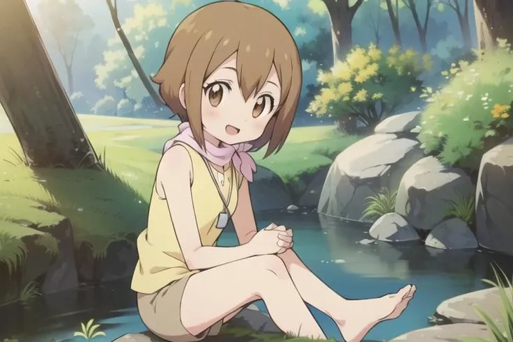 (masterpiece, best quality:1.3), (anime art style:1.3), perfect anatomy, perfect hands, 1girl solo, (establishing shot from front eye contact:1.3), (<lora:HikariDigi:0.8> HikariDigi, autumn forest clearing, sitting down on stream bank back against moss covered bolder, looking at viewer high grass, dipping bare feet in small stream, hands resting), detailed beautiful face, relaxed happy open mouth smile blushing, volumetric lighting, volumetric shading, high resolution, extreme detail, <lora:GoodHands-vanilla:0.8>, HikariDigi, Hikari Yagami, Kari Kamiya, (chin-length pixie cut brown hair, long Wispy Bangs, brown eyes), (women's ascot scarf, sleeveless henley tank top, bermuda shorts, whistle, whistle around neck), (Katsuyoshi Nakatsuru \(style\), Digimon Adventure \(style\), Katsuyoshi Nakatsuru) official style, official art, anime screencap, anime coloring