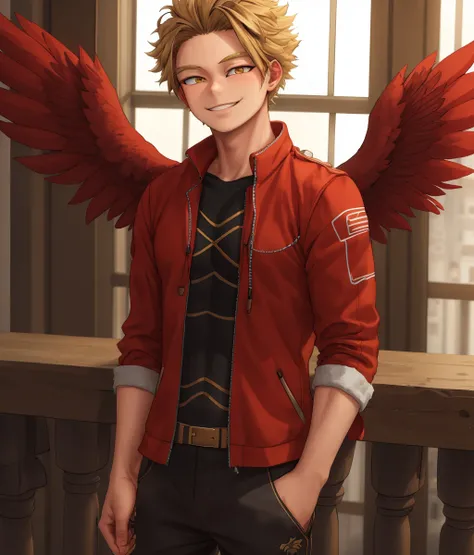 (masterpiece,highly detailed male,highres,highly detailed eyes:1.2),1boy,solo,male focus,hawks,smile,wings,standing,pants,looking at the camera