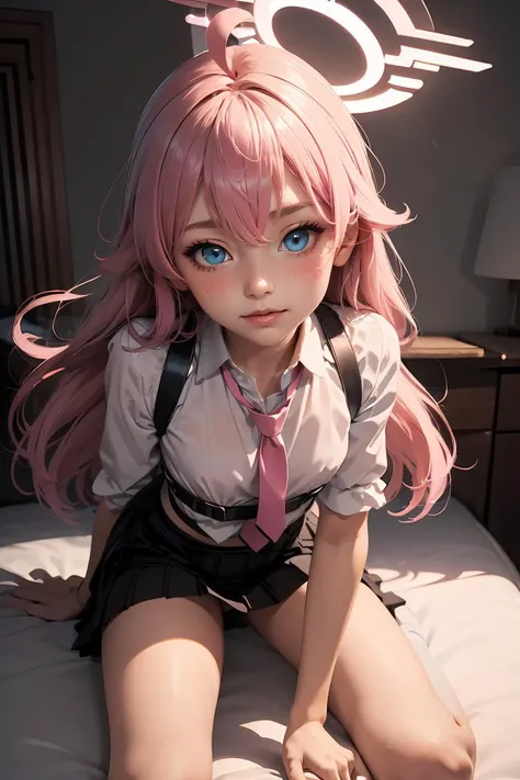 (masterpiece, best quality), 1girl, <lora:hoshino_scarxzys:0.8> hoshino, pink hair, long hair, hair between eyes, ahoge, yellow eyes, blue eyes, heterochromia, halo,collared shirt, puffy sleeves, blue necktie, chest harness, shoulder strap, black skirt, pleated skirt, plaid skirt, fingerless gloves, white socks, black shoes