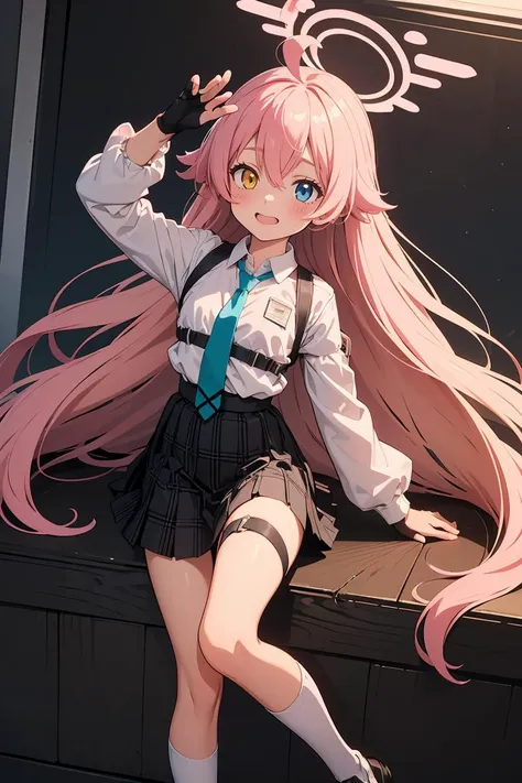 (masterpiece, best quality), 1girl,  <lora:hoshino_scarxzys:0.8> hoshino, pink hair, long hair, hair between eyes, ahoge, yellow eyes, blue eyes, heterochromia, halo,collared shirt, puffy sleeves, blue necktie, chest harness, shoulder strap, black skirt, pleated skirt, plaid skirt, fingerless gloves, white socks, black shoes