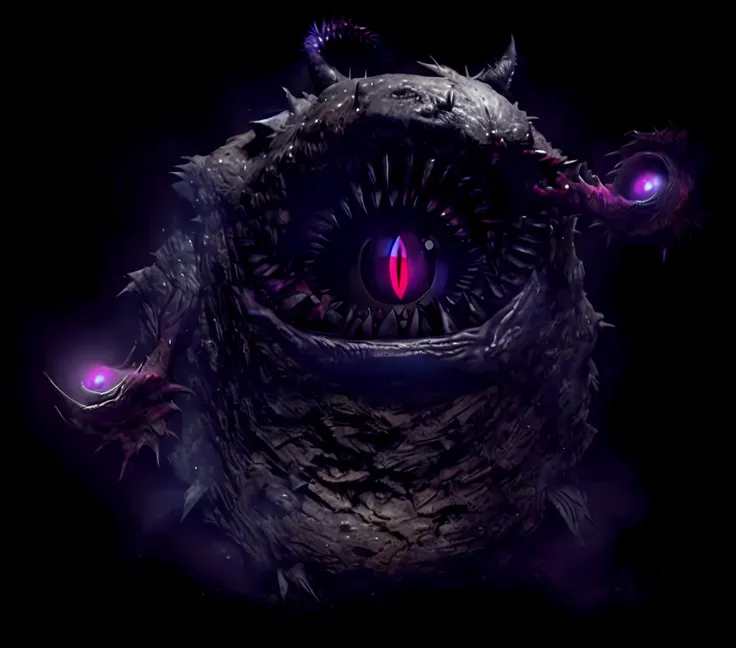 U61yCre4ture, strange looking spherical aberration floating with a glowing eye in the center of it's mouth, (boulder like body), sharp jagged teeth in massive mouth protecting the eye, glowing orange and dark purple slitted pupil, tentacles attached to body instead of limbs, Aya Goda, bloodborne, a character portrait, neoplasticism, nsfw, deep dark purples, masterpiece