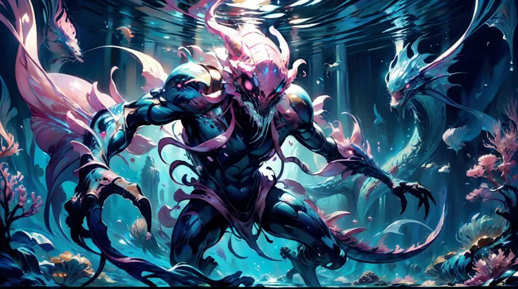 (masterpiece, best quality, fullscreen), [(full body:0.2)::0.2] (photo of a giant underwater Rhythmic water [magical being:creature:0.2]:1.3), (Contemporary Arachnid body with Dragon head and with many Digitigrade Appendages:1.3), ([scaled|water|liquid] holo skin:1.5), (Alien:0.9), (Turbulence water flow:1.3), (underwater Seaside Living background:1), (casting Ice Manipulation magic spell:0.9) <lora:LIGHT [LoRa] Glistening Light Concept (With multires noise version):0.5:lbw=1, 0, 0, 0, 0, 0, 0, 0, 1, 1, 1, 1, 1, 1, 1, 1, 1>, (Pink Deep Sea Darkness lighting:1.4), <lora:EFFECT WorldofWater:0.4> worldofwater, <lora:MONSTER kUglyCreaturesV2:0.4> U61yCre4ture, <lora:QUALITY kkw-better-v1.0a:1>, <lora:LIGHT epi_noiseoffset2:0.3>, <lora:QUALITY add_detail:0.8>, (Full body Shot, Shallow Focus Shot, Low Angle Shot:[1.2:0.5:0.1]), heavily detailed, (asymmetric composition:1.3), (sharp focus), <lora:EFFECT Magic card fakemtg_label:0> fakemtg, intricate, elegant, highly detailed, digital painting, artstation, concept art, smooth, sharp focus, illustration, art by Greg Rutkowski, artgerm, Alphonse Mucha, and Yoshitaka Amano