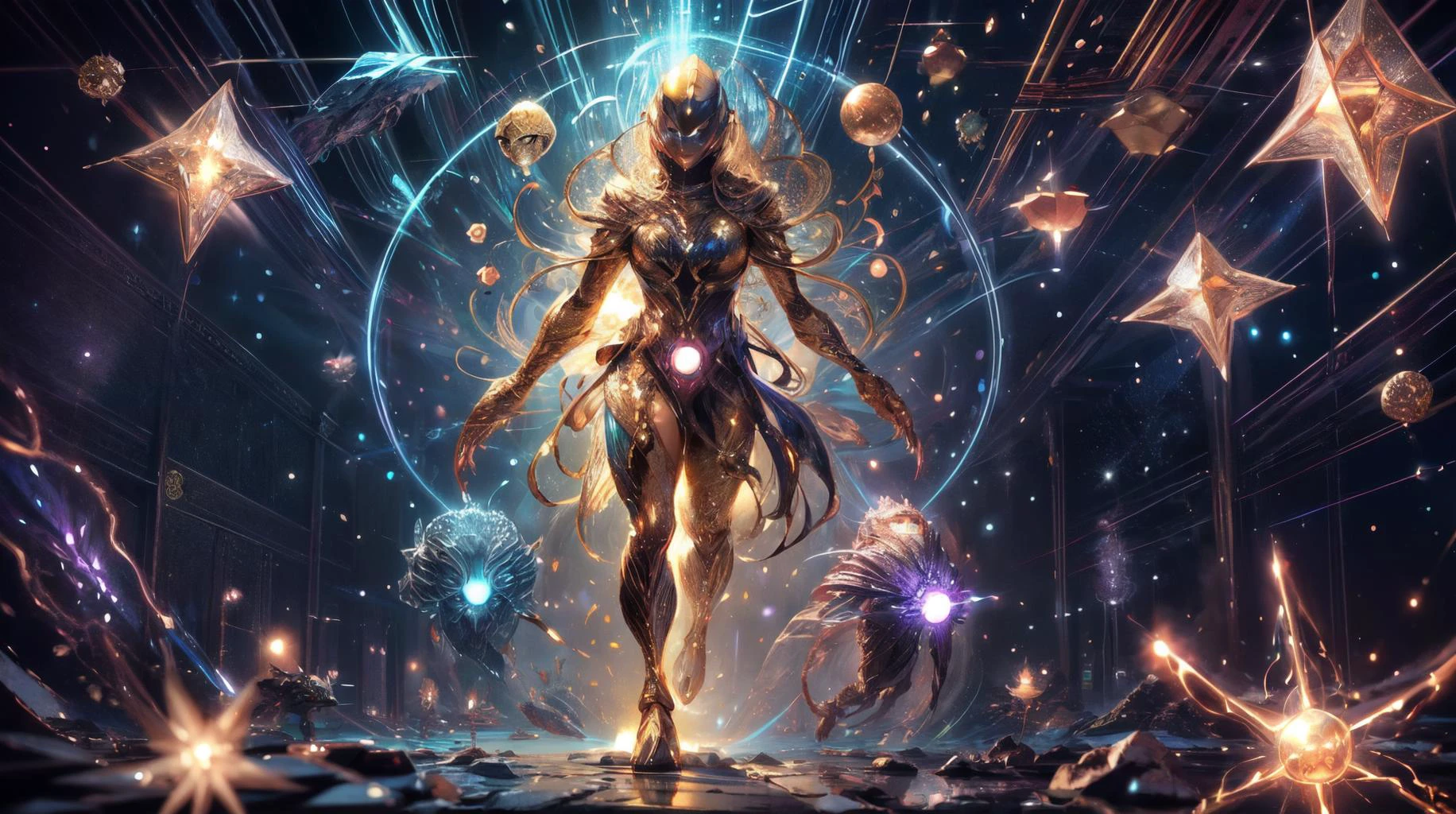 (masterpiece, best quality, fullscreen), [(full body:1.1)::0.3] (photo of an microscopic [Ferocious::0.3] [magical being:creature:0.6]:1.4), (Modern Geometric body with Hominid head and with several Digitigrade Appendages:1.4), (bioluminescent glowing Braided skin:1.5), (Iron and Bromine atoms Convection all around the creature:1.6), (Vibrant:1.2), (Defined Jawline:0.5), (looking at the viewer:1.3), (Meditating in a lotus position, seeking inner wisdom:1), (Insecurity expression), (background in the quantum world with GPU Particle Systems and Glistening lights:1.1), ([Quantum Lights|Radiant Aura]), (Cheerful atmosphere:1.5), <lora:EFFECT ThunderMagic-22:0.4> thundermagic, excessive energy, charged aura, , , <lora:MONSTER kUglyCreaturesV2:0.5> U61yCre4ture, , <lora:LIGHT epi_noiseoffset2:0.5>, <lora:QUALITY kkw-better-v1.0a:0>, <lora:QUALITY add_detail:0.8>, (Full body Shot, Shallow Focus Shot, Low Angle Shot:[1.2:0.5:0.1]), heavily detailed, , (sharp focus), <lora:EFFECT Magic card fakemtg_label:1> fakemtg, tricate, elegant, highly detailed, digital painting, artstation, concept art, smooth, sharp focus, illustration, beautiful face, beautifull face, art by Artgerm and greg rutkowski and alphonse mucha