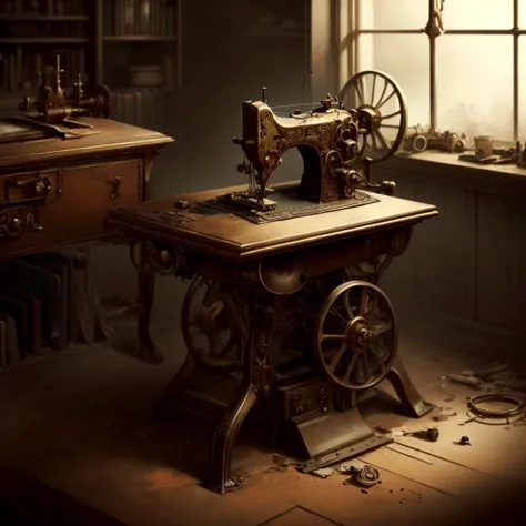 painting, ultra high res, ultral detailed, photorealistic:1.4, soft focus, solo:1.5, close up, the room is dimly lit with only the light from a single window falling upon the sewing machine, the once vibrant and busy machine now looks worn and forgotten, dust settles on its surface, the empty bobbin and thread spool remind the viewer of the absence of the one who used to fill them, the empty sewing machine stands as a symbol of loss and the passing of time, a poignant representation of the memories and emotions associated with it.