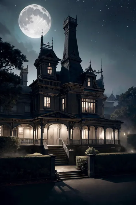 a grand victorian mansion, surrounded by an expansive garden with neatly arranged hedges,  a dark foggy london moonlit night,but for a single victorian gas lamp,dark skies, midnight,dead of the night, black sky,
 From Front ,
(detailed realistic background:1.3),
(official art, beautiful and aesthetic:1.2),
realistic lighting,
<lora:more_details:0.8> <lora:VictorianPunkAI:0.8> VictorianPunkAI,