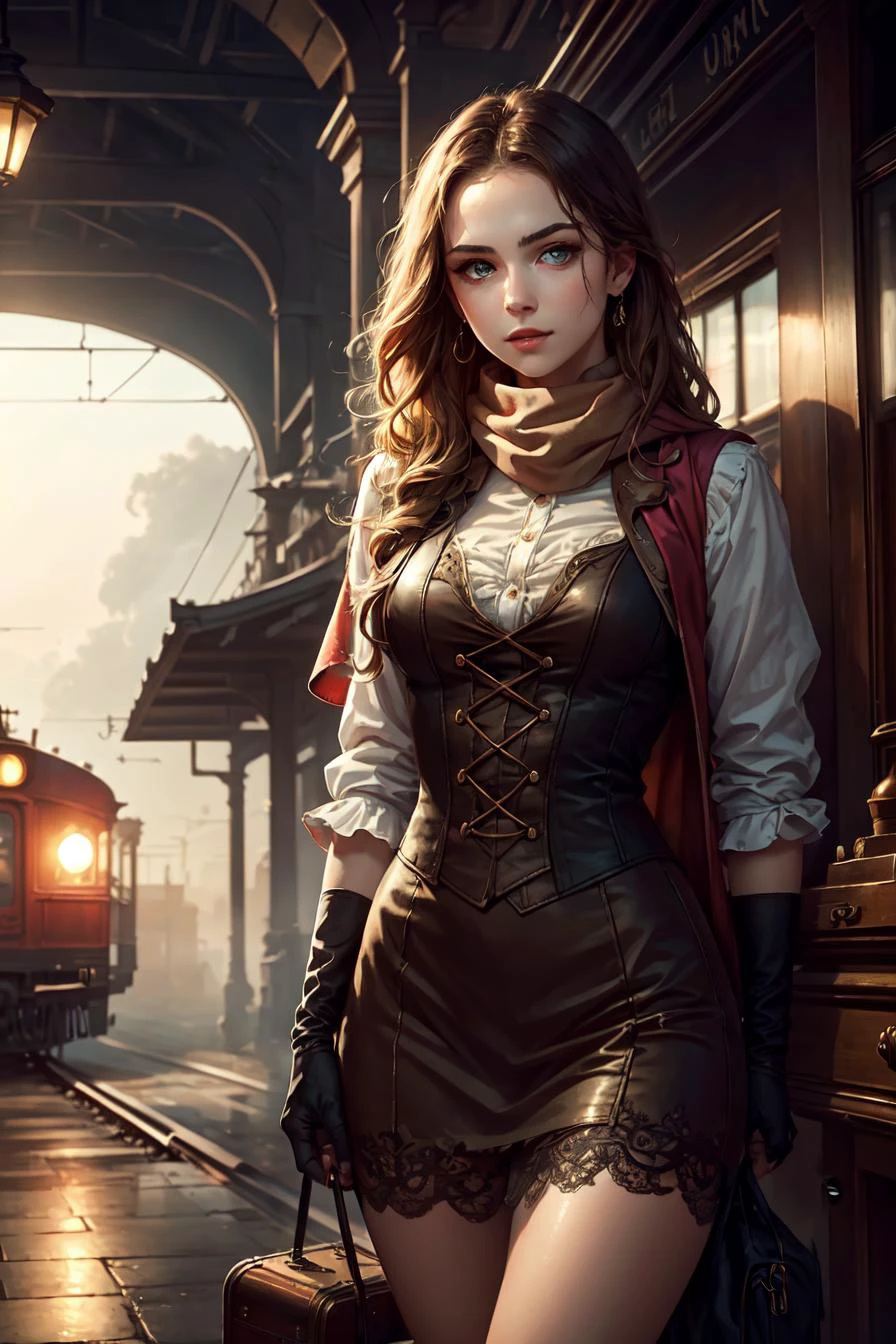 <lora:VictorianPunkAI:.5> VictorianPunkAI computer , detailed, intricate detail,<lora:add_detail:0.2>,
tcg artwork,[trading card game art], realism, perfect rendered face,((best quality)), ((masterpiece)), ((realistic)), (detailed),[hermione granger:minerva mcgonagall:0.5] rim light, vivid, 1girl, in a victorian dress , (((shiny eyes, shiny skin))),detailed face, travelbags, scarf, toned legs, large breasts, elbowlength gloves, train station in background, fog, steam , (detailed) ,((best quality)), ((masterpiece)), ((realistic)), (detailed),pixiv contest winner, absurdres, 15 mm, 15mm, <lora:Nova-000003:0.3>,