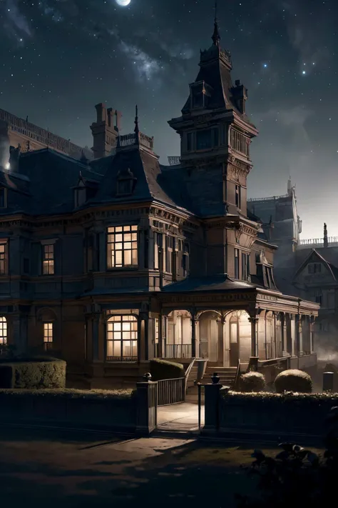 a grand victorian mansion, surrounded by an expansive garden with neatly arranged hedges,  a dark foggy london moonlit night,but for a single victorian gas lamp,dark skies, midnight,dead of the night, black sky,
 ,
(detailed realistic background:1.3),
(official art, beautiful and aesthetic:1.2),
realistic lighting,
<lora:more_details:0.8> <lora:VictorianPunkAI:0.8> VictorianPunkAI,