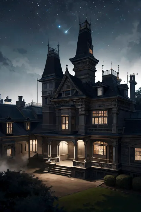 a grand victorian mansion, surrounded by an expansive garden with neatly arranged hedges,  a dark foggy london moonlit night,but for a single victorian gas lamp,dark skies, midnight,dead of the night, black sky,
 From Above ,
(detailed realistic background:1.3),
(official art, beautiful and aesthetic:1.2),
realistic lighting,
<lora:more_details:0.8> <lora:VictorianPunkAI:0.8> VictorianPunkAI,