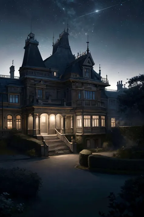 a grand victorian mansion, surrounded by an expansive garden with neatly arranged hedges,  a dark foggy london moonlit night,but for a single victorian gas lamp,dark skies, midnight,dead of the night, black sky,
 From Above ,
(detailed realistic background:1.3),
(official art, beautiful and aesthetic:1.2),
realistic lighting,
<lora:more_details:0.8> <lora:VictorianPunkAI:0.8> VictorianPunkAI,