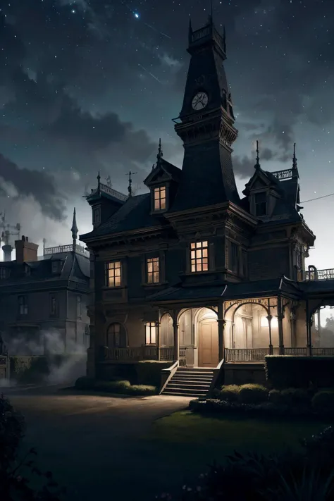 a grand victorian mansion, surrounded by an expansive garden with neatly arranged hedges,  a dark foggy london moonlit night,but for a single victorian gas lamp,dark skies, midnight,dead of the night, black sky,
 ,
(detailed realistic background:1.3),
(official art, beautiful and aesthetic:1.2),
realistic lighting,
<lora:more_details:0.8> <lora:VictorianPunkAI:0.8> VictorianPunkAI,