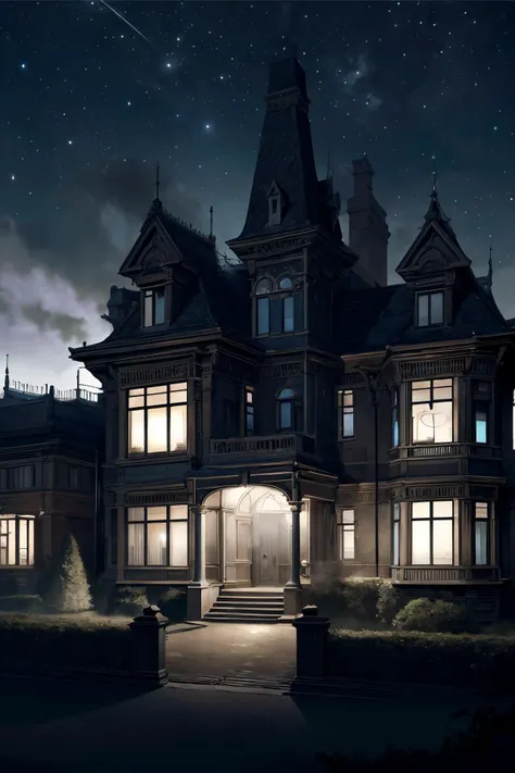 a grand victorian mansion, surrounded by an expansive garden with neatly arranged hedges,  a dark foggy london moonlit night,but for a single victorian gas lamp,dark skies, midnight,dead of the night, black sky,
 From Below ,
(detailed realistic background:1.3),
(official art, beautiful and aesthetic:1.2),
realistic lighting,
<lora:more_details:0.8> <lora:VictorianPunkAI:0.8> VictorianPunkAI,