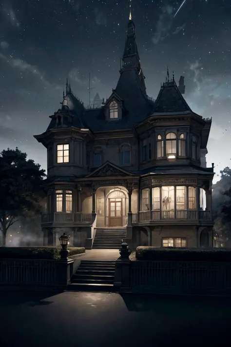 a grand victorian mansion, surrounded by an expansive garden with neatly arranged hedges,  a dark foggy london moonlit night,but for a single victorian gas lamp,dark skies, midnight,dead of the night, black sky,
 From Front ,
(detailed realistic background:1.3),
(official art, beautiful and aesthetic:1.2),
realistic lighting,
<lora:more_details:0.8> <lora:VictorianPunkAI:0.8> VictorianPunkAI,