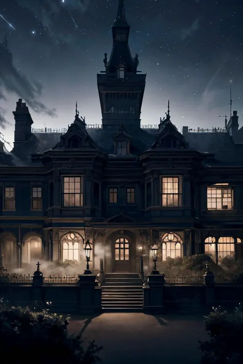 a grand victorian mansion, surrounded by an expansive garden with neatly arranged hedges,  a dark foggy london moonlit night,but for a single victorian gas lamp,dark skies, midnight,dead of the night, black sky,
 From Behind ,
(detailed realistic background:1.3),
(official art, beautiful and aesthetic:1.2),
realistic lighting,
<lora:more_details:0.8> <lora:VictorianPunkAI:0.8> VictorianPunkAI,