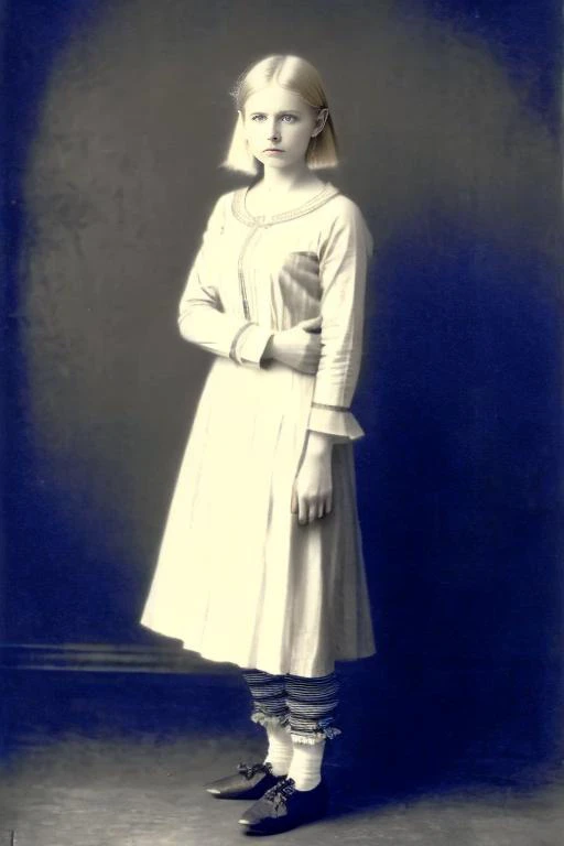 (RAW photo, best quality) A woman in comfy striped pajamas, petite, cute, pale skin, (blonde wedge cut:1.3) <lora:LowRA:1>, 1890s historical photograph, DREAD <lora:VictorianPunkAI:1>, victorian punk