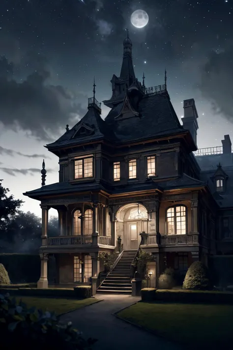 a grand victorian mansion, surrounded by an expansive garden with neatly arranged hedges,  a dark foggy london moonlit night,but for a single victorian gas lamp,dark skies, midnight,dead of the night, black sky,
 From Below ,
(detailed realistic background:1.3),
(official art, beautiful and aesthetic:1.2),
realistic lighting,
<lora:more_details:0.8> <lora:VictorianPunkAI:0.8> VictorianPunkAI,