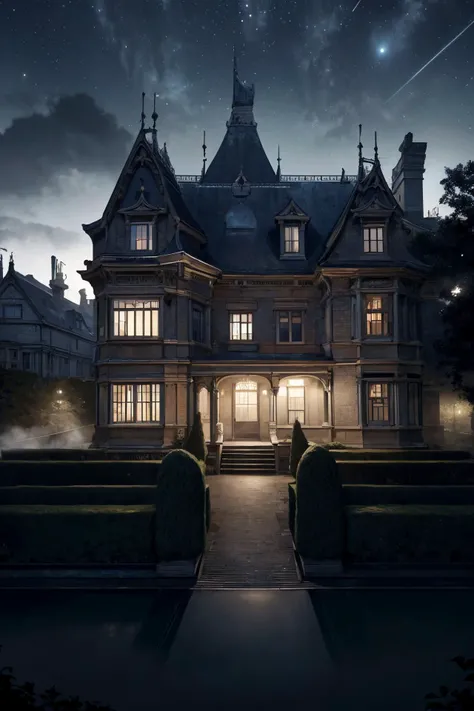 a grand victorian mansion, surrounded by an expansive garden with neatly arranged hedges,  a dark foggy london moonlit night,but for a single victorian gas lamp,dark skies, midnight,dead of the night, black sky,
 From Above ,
(detailed realistic background:1.3),
(official art, beautiful and aesthetic:1.2),
realistic lighting,
<lora:more_details:0.8> <lora:VictorianPunkAI:0.8> VictorianPunkAI,