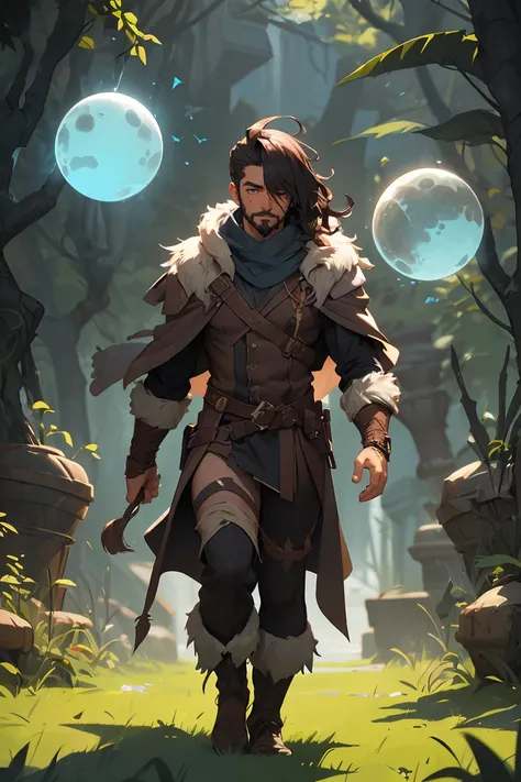 (male, male focus:1.1), ((krenz cushart)), (greg rutkowski), alone, young male, round face, smug, (facial hair:1.2), messy shoulder length hair, (hair covering one eye:1.2), traveling mage, prepared to cast a spell, floating magic orb lighting up the surroundings, fantasy, scarf, walking along a pathway through the grasslands, rim lighting, tattered fur cloak GS-Masculine