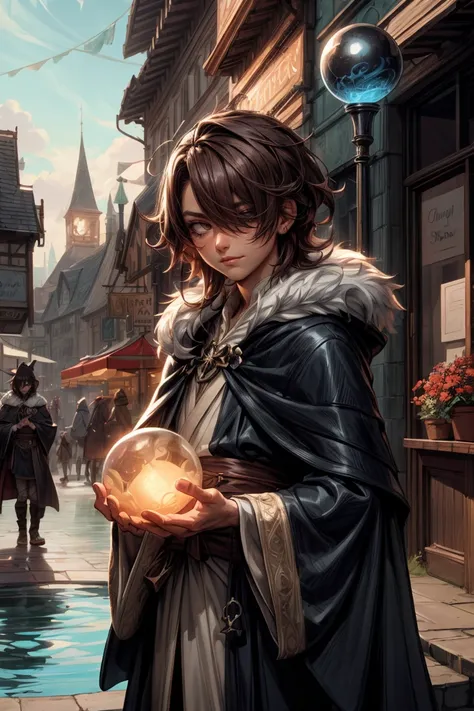 (male, male focus:1.1), ((krenz cushart)), (greg rutkowski), (outdoors, town square, mossy cobblestone, shops, market stalls, flowers, lamppost, shop sign, fountain, castle on the hill, steps:1.1), cowboy shot, , on stomach, , smug, brown hair, slightly scruffy_facial_hair, (hair between eyes:1.2), pixie cut messy_hair over eyes covering one eye, traveling mage holding a magic orb, fantasy, fur cloak, long bangs, sash, magic, arcane spells, grimoire, adventuring <lora:more_details:1>