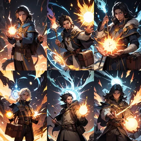 male, (facial hair:0.6), solo, mage, traveler, fantasy, casting spell, magical explosion