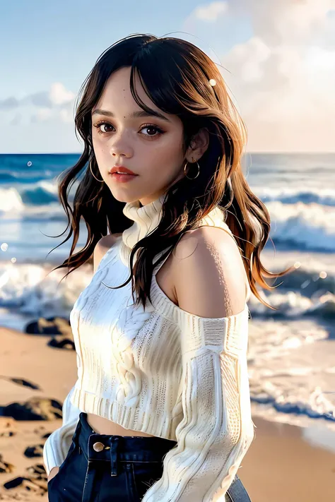 jenna_ortega_v4 wearing one shoulder sweater, long hair, bangs, orange lips, makeup, skinny,
cream wool one shoulder sweater, 
medium shot, upper body shot, portrait, sea waves, water splashes, soft lighting, close up,
<lora:Jenna_Ortega_V4:0.7>, <lora:breastsizeslideroffset:-0.4>