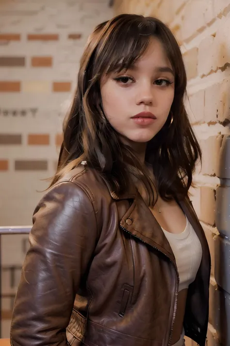 jenna_ortega wearing brown leather jacket, long wavy hair, bangs, eyeliner, eyeshadow, eyelashes, lipstick, makeup,
hoop earrings,
upper body close-up, brick wall background,
<lora:JennaOrtega_Rebirth:0.7>