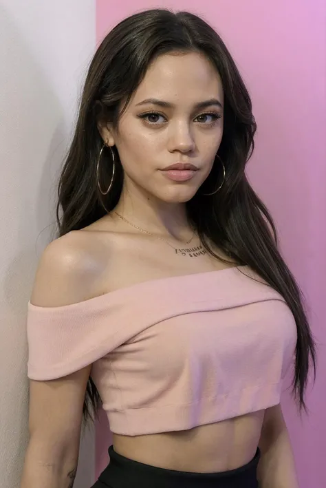 jenna_ortega_v4, sks woman, angelina jolie:0.2, wearing off shoulder crop top, long wavy hair,
pink off shoulder crop top,
close-up, headshot, face, portrait, wall background,
<lora:Jenna_Ortega_V4:0.7>, <lora:lora-small-angelina-jolie-v1:0.2>