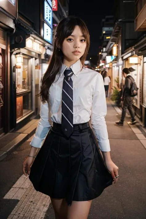 best quality, best anatomy, japan,1girl, <lora:JennaOrtega_Rebirth:1.1>, black_skirt, whte_shirt, blue_tie, cityspace, night,