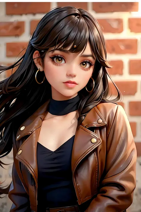 jenna_ortega wearing brown leather jacket, long wavy hair, bangs, eyeliner, eyeshadow, eyelashes, lipstick, makeup,
hoop earrings,
upper body close-up, brick wall background,
<lora:JennaOrtega_Rebirth:0.7>