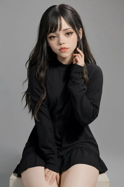 jenna_ortega_v4 wearing black long sleeve dress, long hair, bangs, orange lips, makeup, skinny, dovecameron:0.6,
cotton material,
medium shot, upper body, close up, star background, sitting, soft lighting, 
<lora:Jenna_Ortega_V4:0.7>, <lora:breastsizeslideroffset:-0.4>, <lora:dovecameron_v1:0.7>