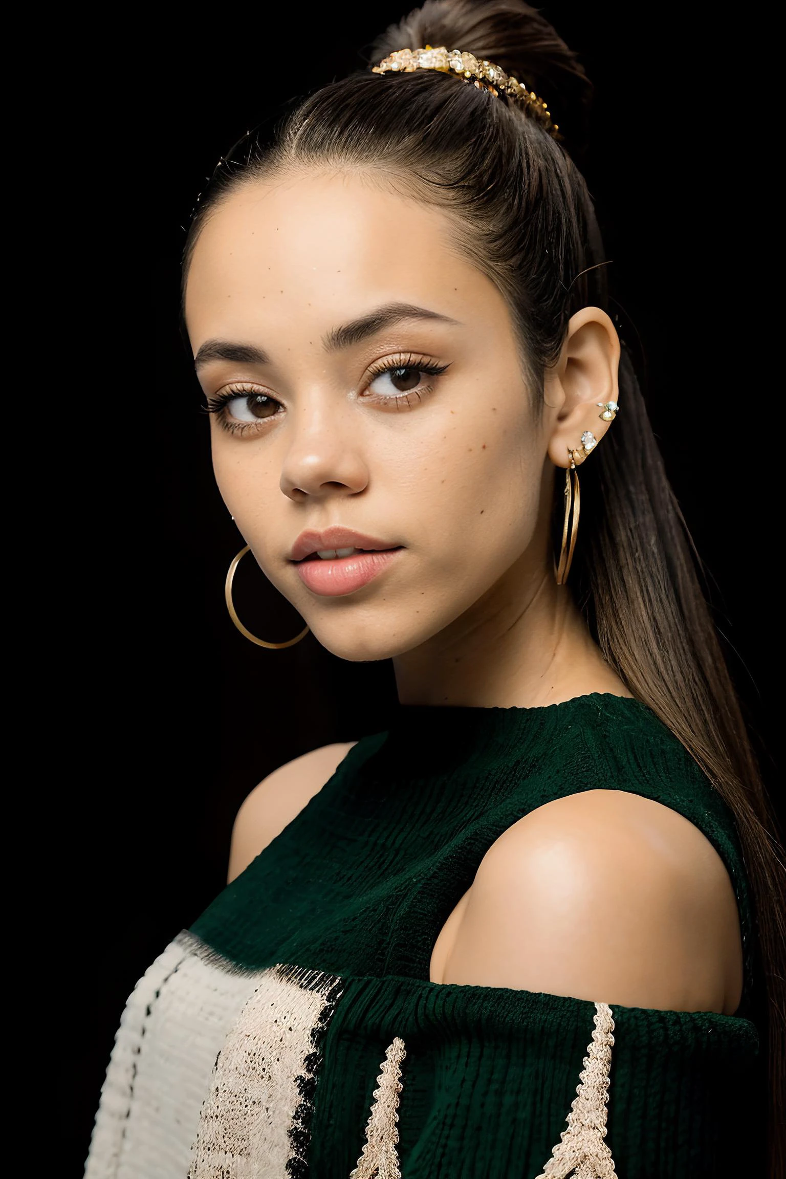 jenna orterga, jenna_ortega wearing off shoulder sweater, skinny, long hair, charly_jordan:0.6,
green off shoulder sweater,
head shot, close up, upper body, black background, mid-twenty, age:21, 21 year old, portrait,
<lora:Jenna_Ortega_V2:0.7>, <lora:Charly_Jordan:0.7>