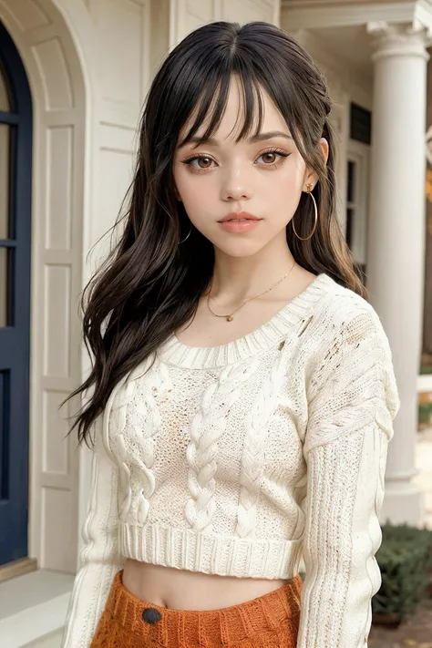 jenna_ortega_v4 wearing cream halter sweater, long hair, bangs, orange lips, makeup, skinny, dovecameron: 0.6,
wool halter sweater,
medium shot, upper body shot, portrait, in front of mansion, soft lighting, close up,
<lora:Jenna_Ortega_V4:0.4>, <lora:dovecameron_v1:0.6>, <lora:breastsizeslideroffset:-0.4>,