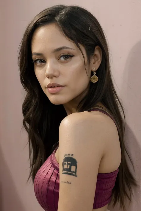 jenna_ortega_v4, sks woman, angelina jolie wearing off shoulder crop top, long wavy hair,
pink off shoulder crop top,
close-up, headshot, face, portrait, wall background,
<lora:Jenna_Ortega_V4:0.7>, <lora:lora-small-angelina-jolie-v1:0.4>