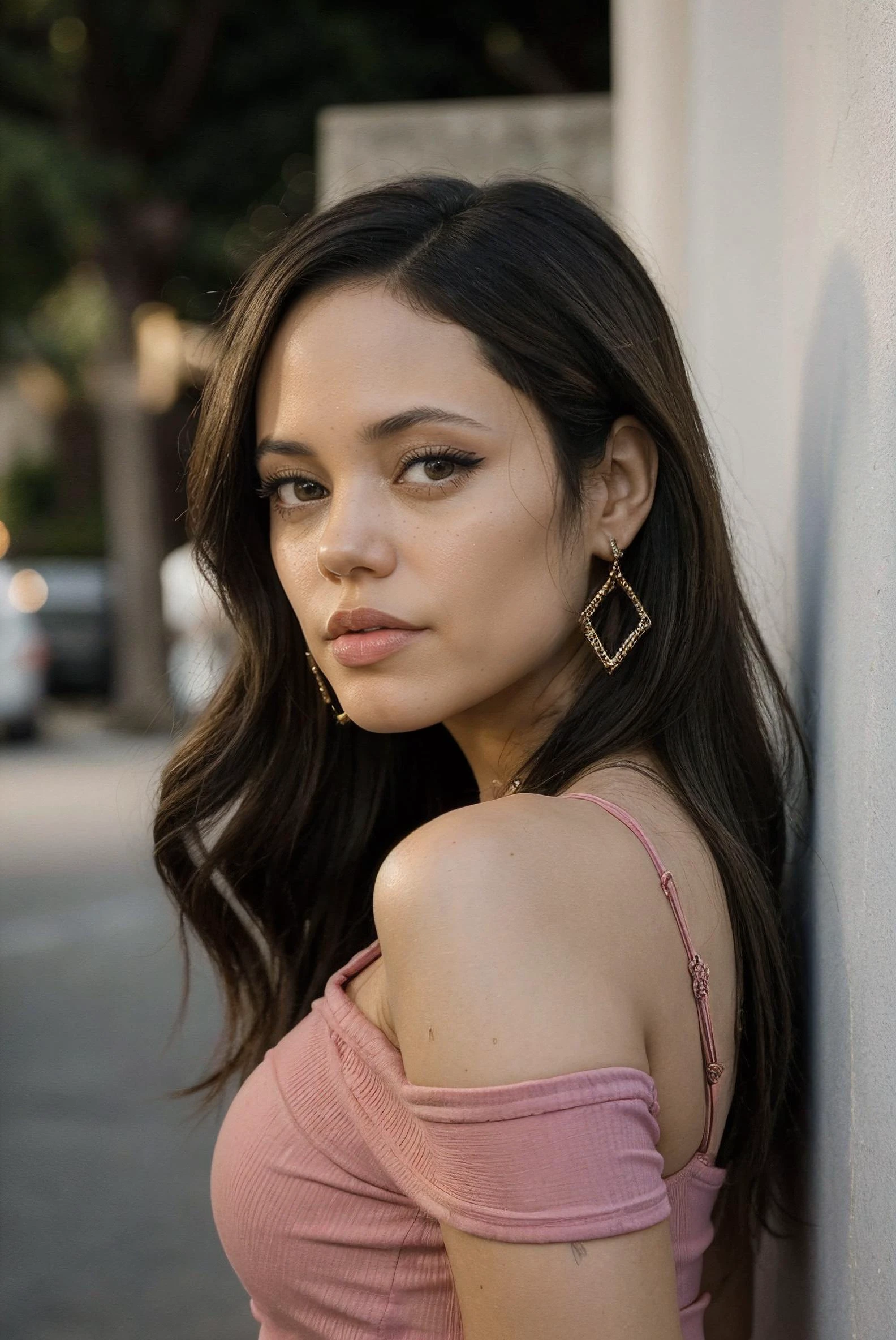 jenna_ortega_v4, sks woman, angelina jolie:0.2, wearing off shoulder crop top, long wavy hair,
pink off shoulder crop top,
close-up, headshot, face, portrait, wall background,
<lora:Jenna_Ortega_V4:0.7>, <lora:lora-small-angelina-jolie-v1:0.2>