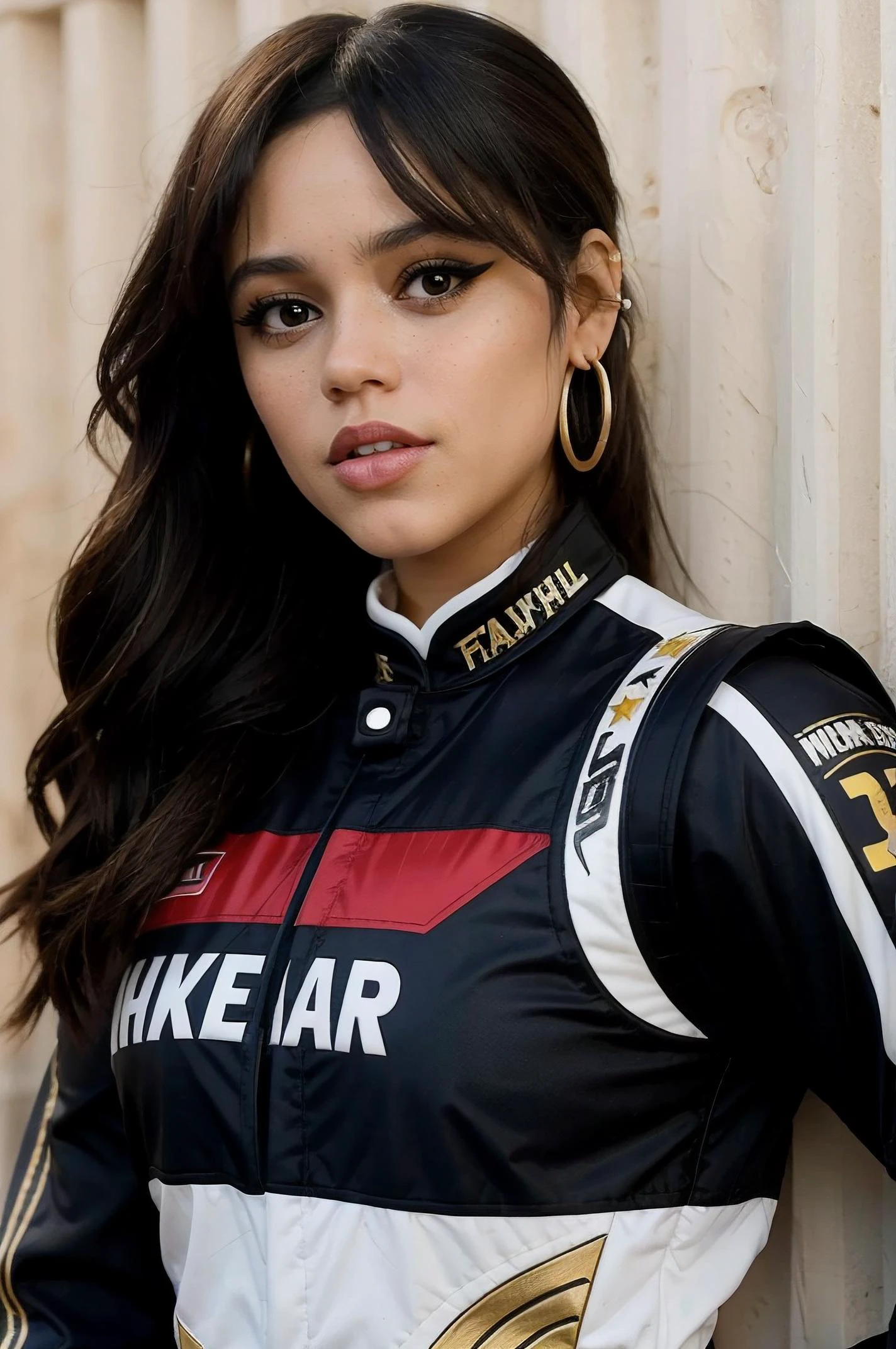 jenna_ortega wearing nascar suit, long hair, eyeliner,
hoop earrings, lipstick,
upper body, solid wall background,
<lora:JennaOrtega_Rebirth:0.8>