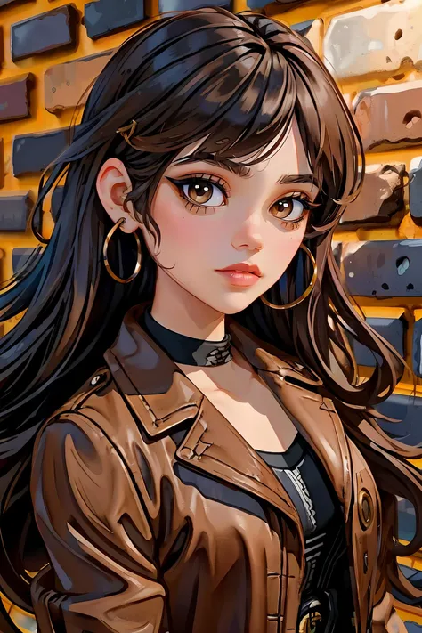 jenna_ortega wearing brown leather jacket, long wavy hair, bangs, eyeliner, eyeshadow, eyelashes, lipstick, makeup,
hoop earrings,
upper body close-up, brick wall background,
<lora:JennaOrtega_Rebirth:0.7>