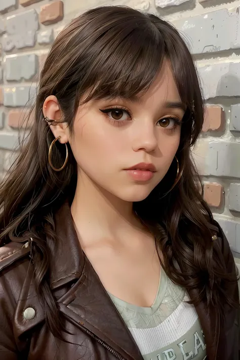 jenna_ortega wearing brown leather jacket, long wavy hair, bangs, eyeliner, eyeshadow, eyelashes, lipstick, makeup,
hoop earrings,
upper body close-up, brick wall background,
<lora:JennaOrtega_Rebirth:0.7>