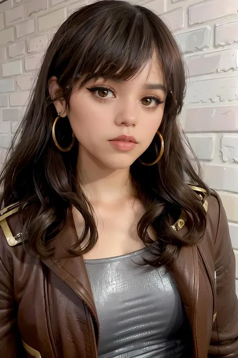 jenna_ortega wearing brown leather jacket, long wavy hair, bangs, eyeliner, eyeshadow, eyelashes, lipstick, makeup,
hoop earrings,
upper body close-up, brick wall background,
<lora:JennaOrtega_Rebirth:0.7>