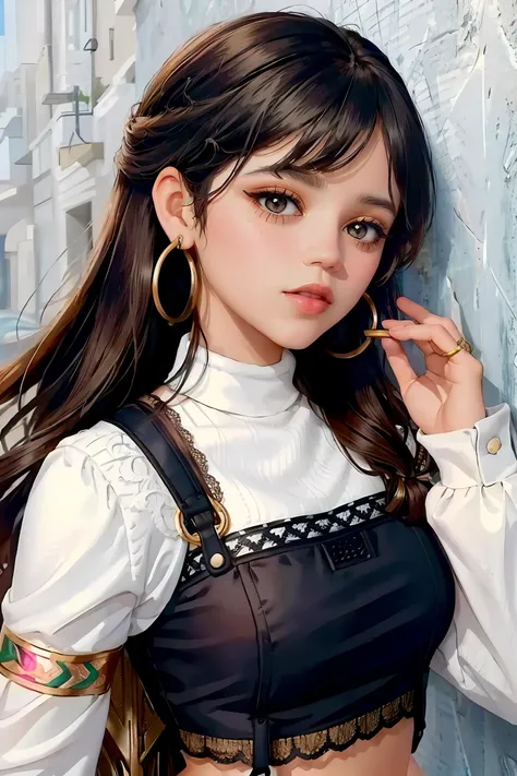 jenna_ortega wearing long sleeve lacy crop top, long wavy hair, bangs, eyeliner, eyeshadow, eyelashes, lipstick, makeup,
hoop earrings,
upper body close-up, solid wall background,
<lora:JennaOrtega_Rebirth:0.8>