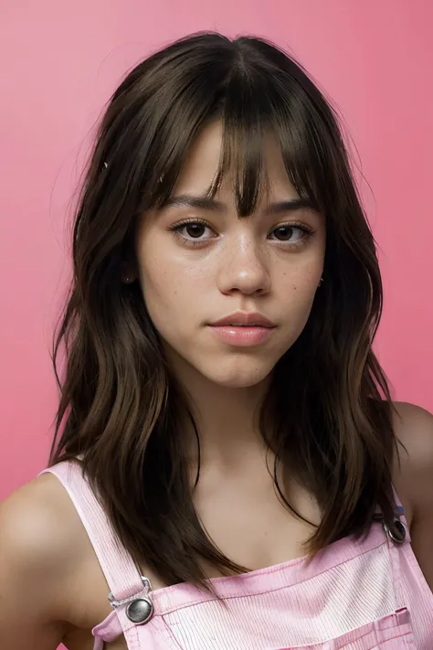 jenna ortega, long hair, bangs, 
pink overalls, studs, t shirt, detailed skin, young, 
headshot, simple solid background, closeup head-shot, realistic,
 <lora:Jenna_Ortega_V1:0.7>, <lora:breastsizeslideroffset:-0.6>