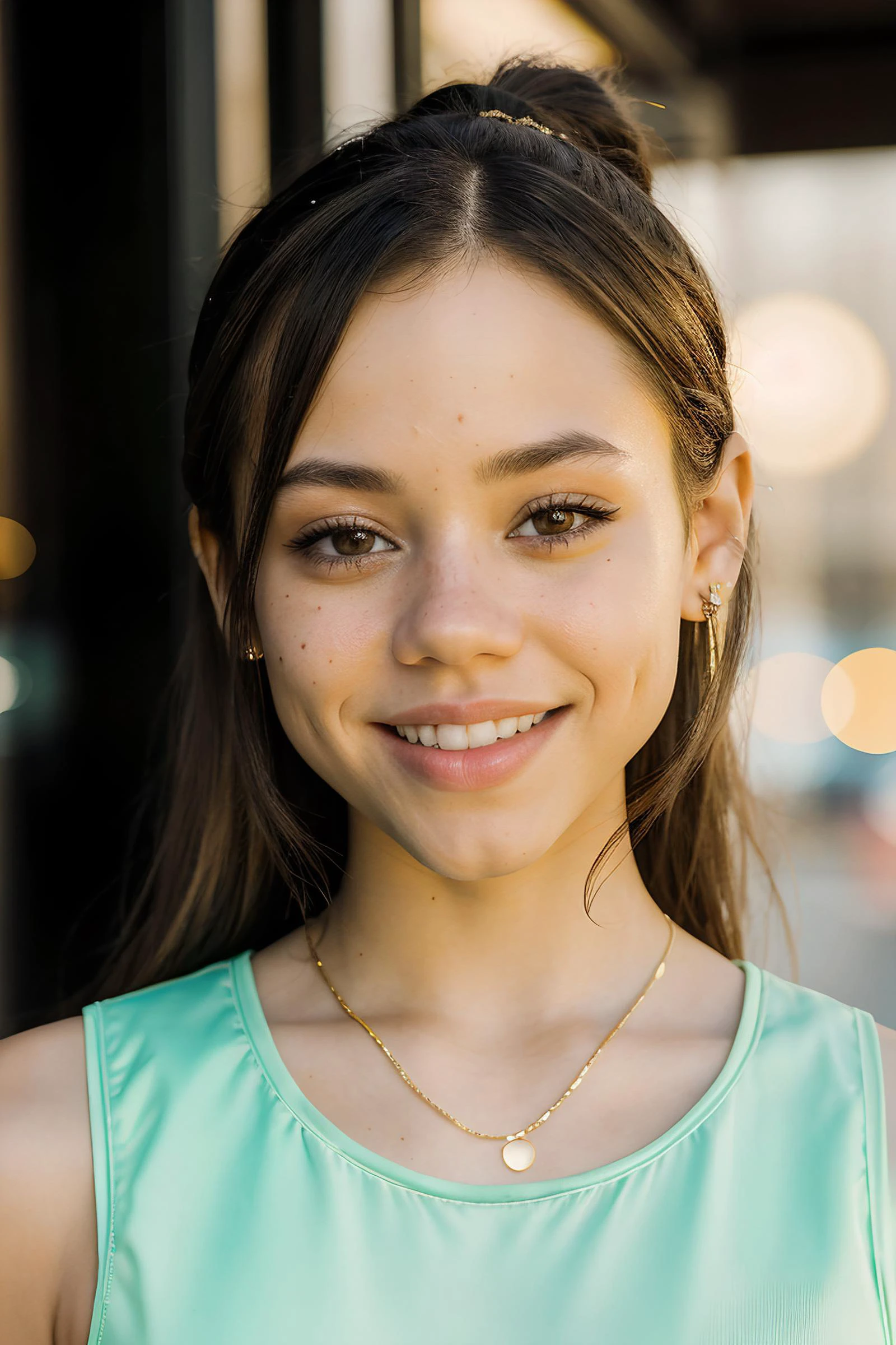 jenna orterga, jenna_ortega wearing sleeveless dress, skinny, long hair, charly_jordan:0.6,
light green sleeveless dress,
head shot, close up, upper body, coffee shop background, mid-twenty, age:21, 21 year old, portrait,
<lora:Jenna_Ortega_V2:0.7>, <lora:Charly_Jordan:0.7>