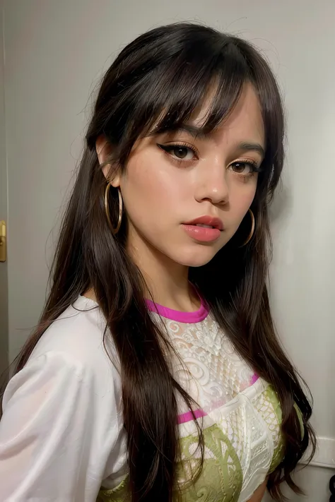 jenna_ortega wearing lacy long sleeve crop top, long wavy hair, bangs, eyeliner, eyeshadow, eyelashes, lipstick, makeup, 
hoop earrings, 
upper body close-up, solid wall background,
<lora:JennaOrtega_Rebirth:0.8>