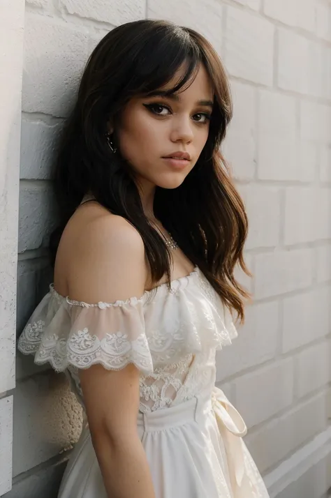 jenna_ortega wearing lacy off shoulder dress, long hair, eyeliner, 
upper body, solid wall background, 
 <lora:JennaOrtega_Rebirth:0.8>