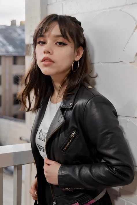 jenna_ortega wearing brown leather jacket, long wavy hair, bangs, eyeliner, eyeshadow, eyelashes, lipstick, makeup,
hoop earrings,
upper body close-up, brick wall background,
<lora:JennaOrtega_Rebirth:0.7>