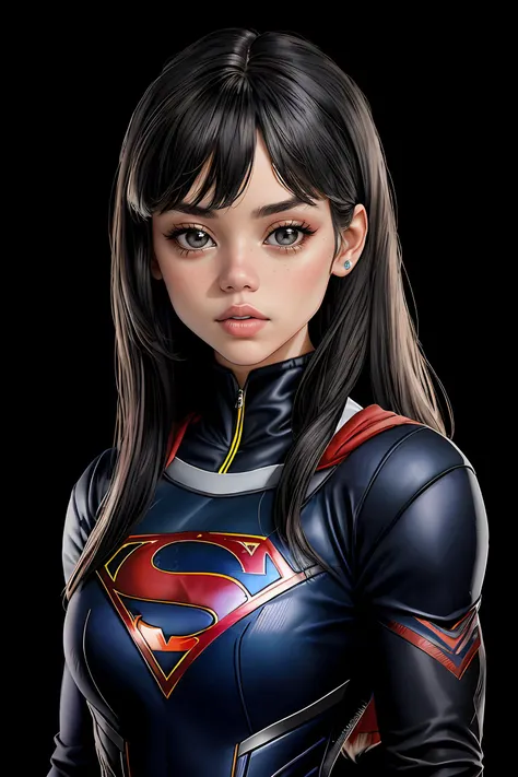 jenna orterga, jenna_ortega wearing supergirl outfit, skinny, long hair,
gray supergirl outfit,
head shot, close up, upper body, solid black background, mid-twenty, age:21, 21 year old, portrait,
<lora:Jenna_Ortega_V2:0.7>,