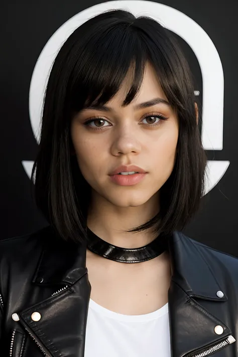 jenna orterga, jenna_ortega_v4 wearing leather jacket with t-shirt, skinny, bangs, long hair,
black leather jacket, 
head shot, close up, upper body, black background, mid-twenty, age:21, 21 year old, portrait, 
<lora:Jenna_Ortega_V2:0.7>,