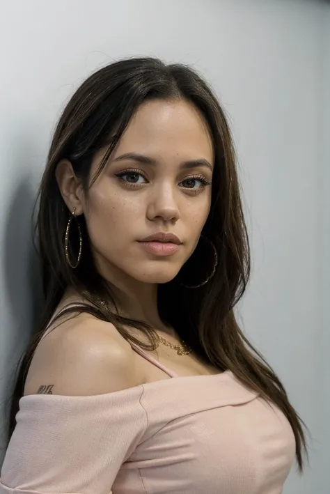 jenna_ortega_v4, sks woman, angelina jolie wearing off shoulder crop top, long wavy hair,
pink off shoulder crop top,
close-up, headshot, face, portrait, wall background,
<lora:Jenna_Ortega_V4:0.7>, <lora:lora-small-angelina-jolie-v1:0.4>
