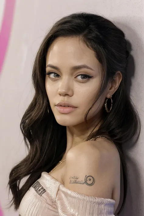 jenna_ortega_v4, sks woman, angelina jolie wearing off shoulder crop top, long wavy hair,
pink off shoulder crop top,
close-up, headshot, face, portrait, wall background,
<lora:Jenna_Ortega_V4:0.5>, <lora:lora-small-angelina-jolie-v1:1>
