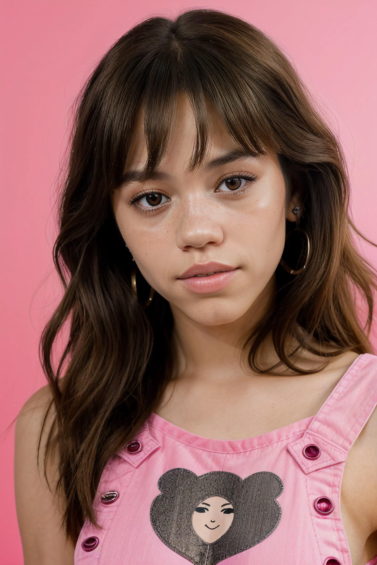 jenna ortega, long hair, bangs,
pink overalls, studs, t shirt, detailed skin, young,
headshot, simple solid background, closeup head-shot, realistic,
<lora:Jenna_Ortega_V1:0.7>, <lora:breastsizeslideroffset:-0.6>