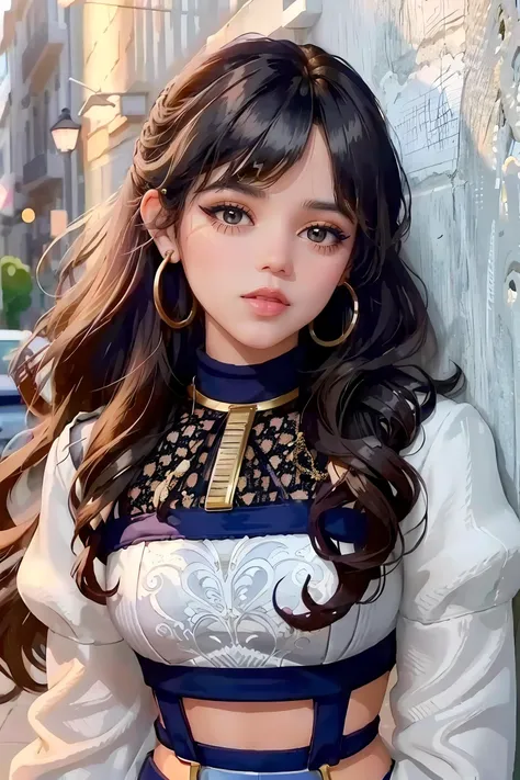 jenna_ortega wearing long sleeve lacy crop top, long wavy hair, bangs, eyeliner, eyeshadow, eyelashes, lipstick, makeup,
hoop earrings,
upper body close-up, solid wall background,
<lora:JennaOrtega_Rebirth:0.8>