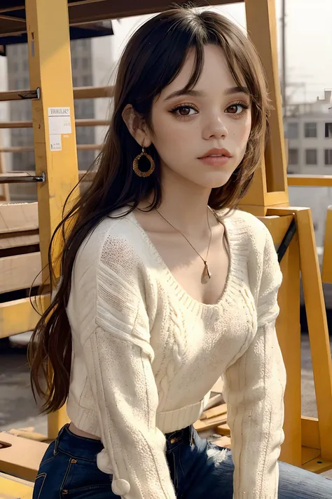 jenna_ortega_v4 wearing halter sweater, long hair, bangs, orange lips, makeup, skinny,
cream wool halter sweater,
medium shot, upper body shot, portrait, sitting on scaffolding with construction project background, soft lighting, close up,
<lora:Jenna_Ortega_V4:0.7>, <lora:breastsizeslideroffset:-0.4>